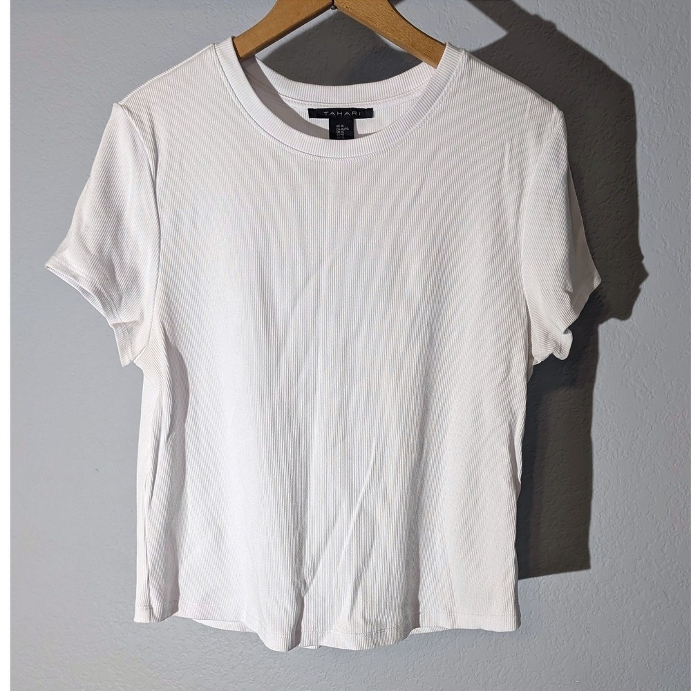 Tahari Womens White Ribbed Short Sleeve Crew Neck Tee Shirt Size XL